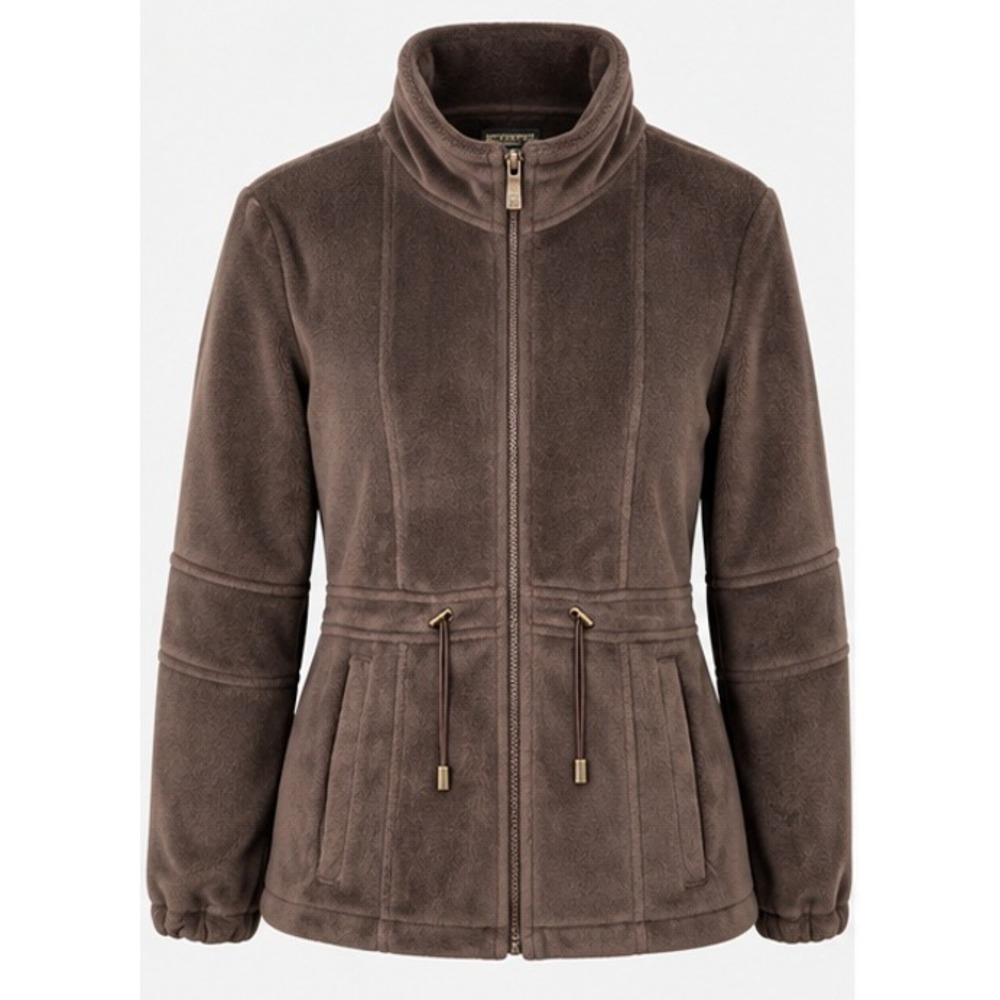 Kristen Blake Women's Brown Fleece Full Zip Jacket Drawstring Waist S Cozy Cabin
